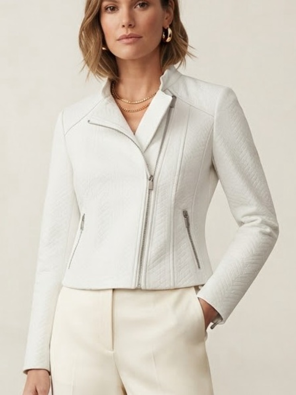 Soia & Kyo White Moto Jacket Asymmetric Zip Biker Textured Chevron Medium